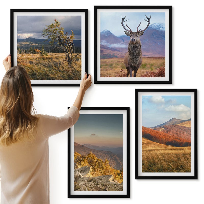 Galeria ścienna 4-częściowy komplet obrazów w czarnych ramach - Górskie pejzaże natury góry jeleń trawy polany - ArtPrintCave