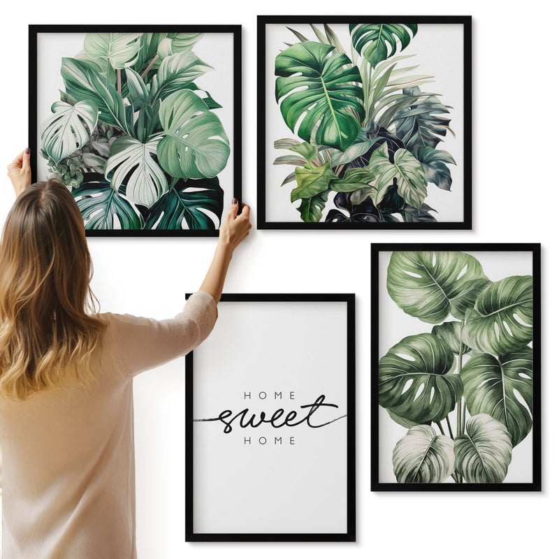 Galeria ścienna 4-częściowy komplet obrazów w czarnych ramach - Rośliny w zieleni z napisem Sweet Home - ArtPrintCave