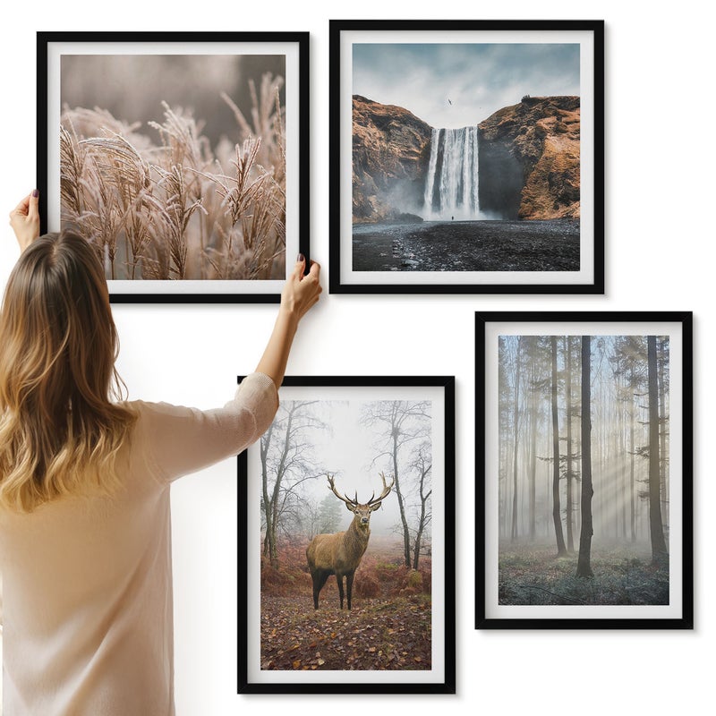Galeria ścienna 4-częściowy komplet obrazów w czarnych ramach - Leśne krajobrazy dzika natura jeleń - ArtPrintCave