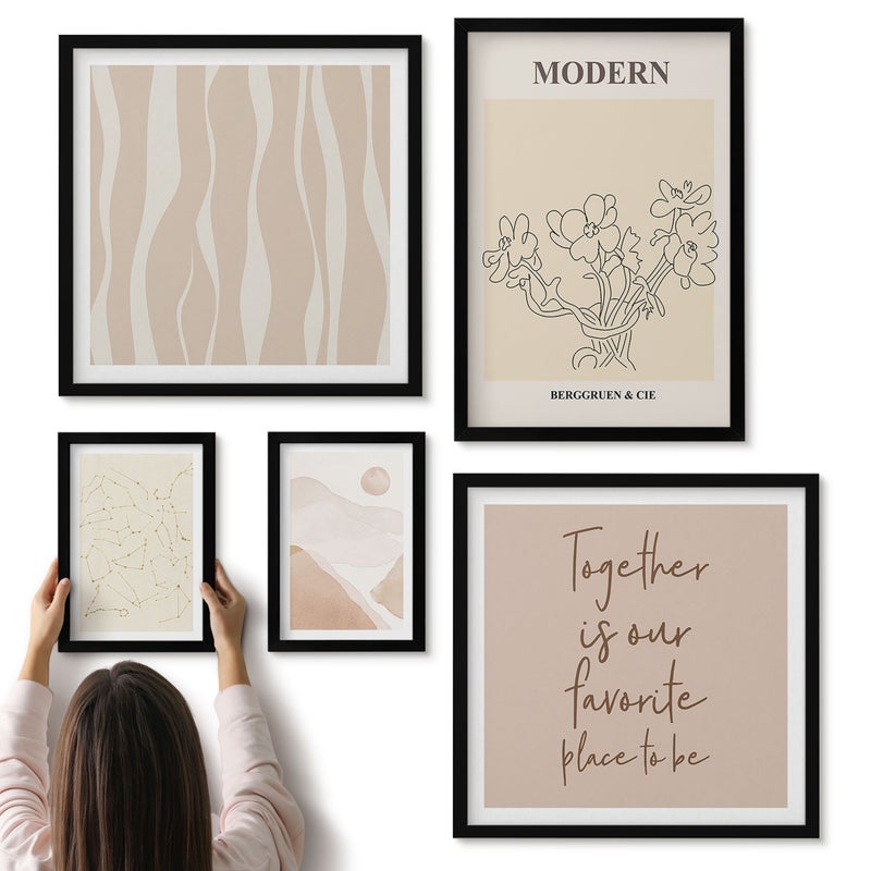 Galeria ścienna 5-częściowy komplet obrazów w czarnych ramach - Styl nowoczesny minimalistyczny zestaw z abstrakcyjnymi motywami - ArtPrintCave