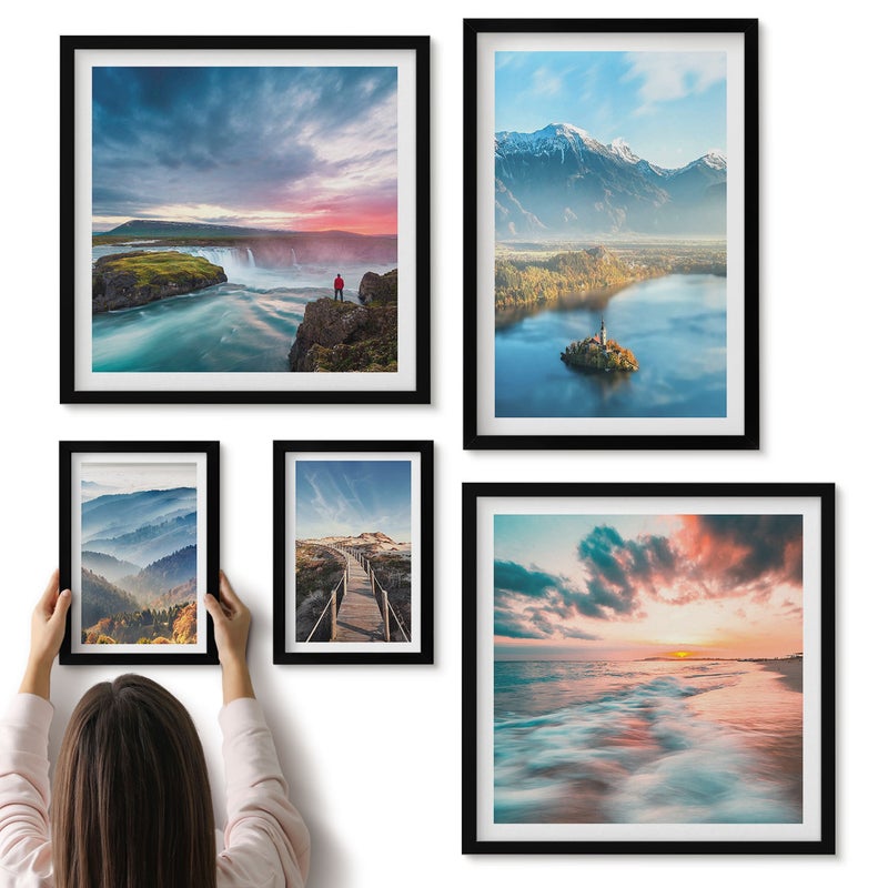 Galeria ścienna 5-częściowy komplet obrazów w czarnych ramach - Krajobrazy natury z górami i wodospadami w tle - ArtPrintCave