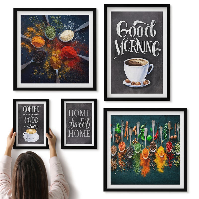 Galeria ścienna 5-częściowy komplet obrazów w czarnych ramach - Kawowe inspiracje dla miłośników aromatycznych napojów - ArtPrintCave