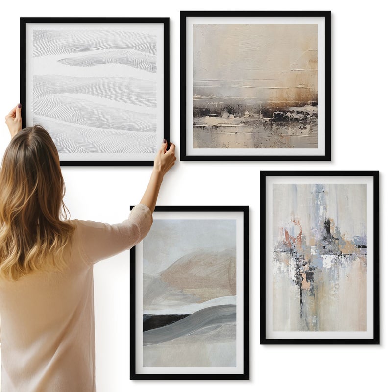 Galeria ścienna 4-częściowy komplet obrazów w czarnych ramach - Abstrakcyjne wzory w neutralnych odcieniach ziemi - ArtPrintCave