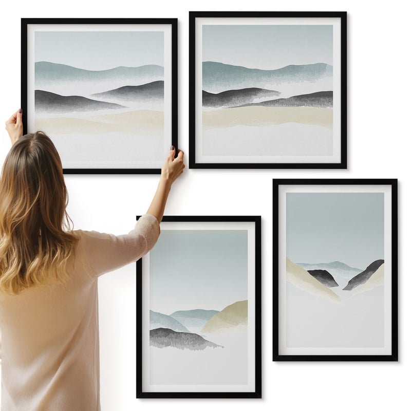 Galeria ścienna 4-częściowy komplet obrazów w czarnych ramach - Minimalistyczne góry w delikatnych pastelach - ArtPrintCave