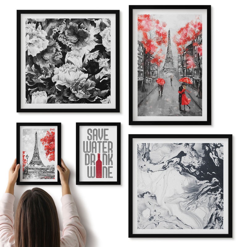 Galeria ścienna 5-częściowy komplet obrazów w czarnych ramach - Paryskie widoki z kwiatami i abstrakcyjnymi wzorami - ArtPrintCave