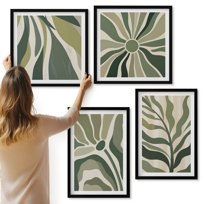 Galeria ścienna 4-częściowy komplet obrazów w czarnych ramach - Malowane ilustracje liście w odcieniach zieleni - ArtPrintCave