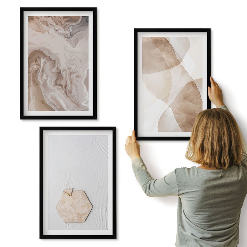 Galeria ścienna 3-częściowy komplet obrazów w czarnych ramach - Designerska abstrakcja inspirowana naturą - ArtPrintCave