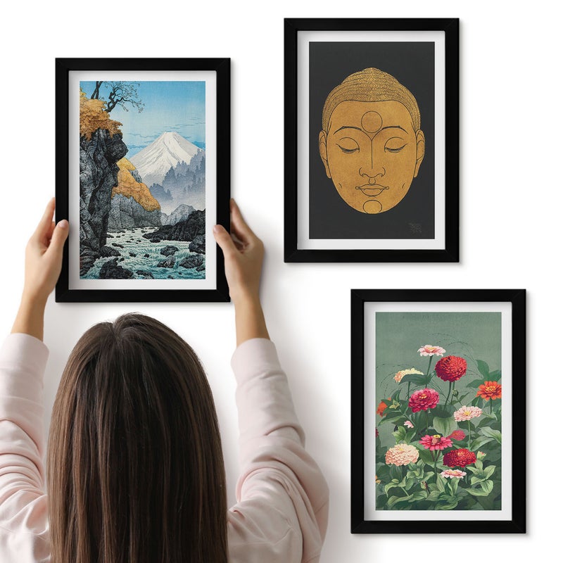 Galeria ścienna 3-częściowy komplet obrazów w czarnych ramach - Japońska natura i kultura styl japandi - ArtPrintCave