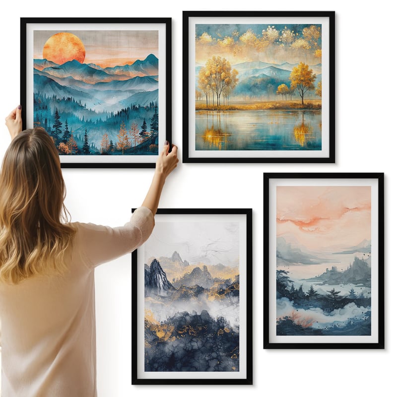 Galeria ścienna 4-częściowy komplet obrazów w czarnych ramach - Malowane abstrakcyjne widoki natury - ArtPrintCave