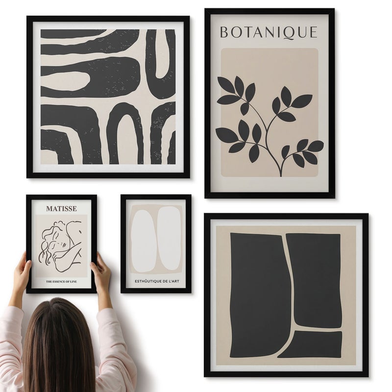 Galeria ścienna 5-częściowy komplet obrazów w czarnych ramach - Stylowe grafiki z roślinnymi motywami i abstrakcją - ArtPrintCave