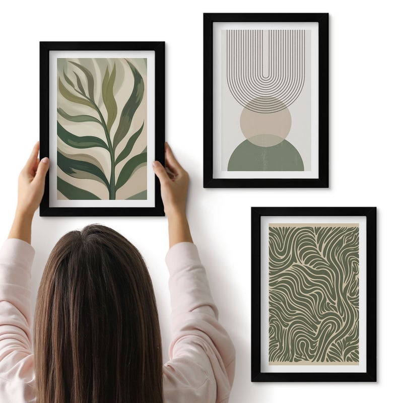 Galeria ścienna 3-częściowy komplet obrazów w czarnych ramach - Liście i geometryczne kształty abstrakcja - ArtPrintCave