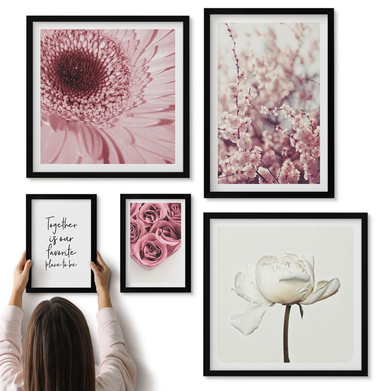 Galeria ścienna 5-częściowy komplet obrazów w czarnych ramach - Kwiatowe inspiracje romantyczne akcenty do wnętrz - ArtPrintCave