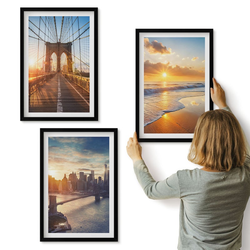Galeria ścienna 3-częściowy komplet obrazów w czarnych ramach - Mosty i zachody słońca w miejskim krajobrazie - ArtPrintCave