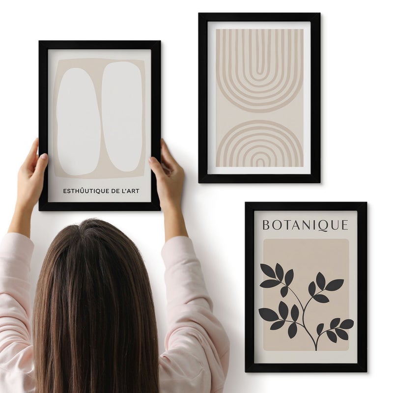 Galeria ścienna 3-częściowy komplet obrazów w czarnych ramach - Boho delikatne postery abstrakcja motywy roślinne - ArtPrintCave