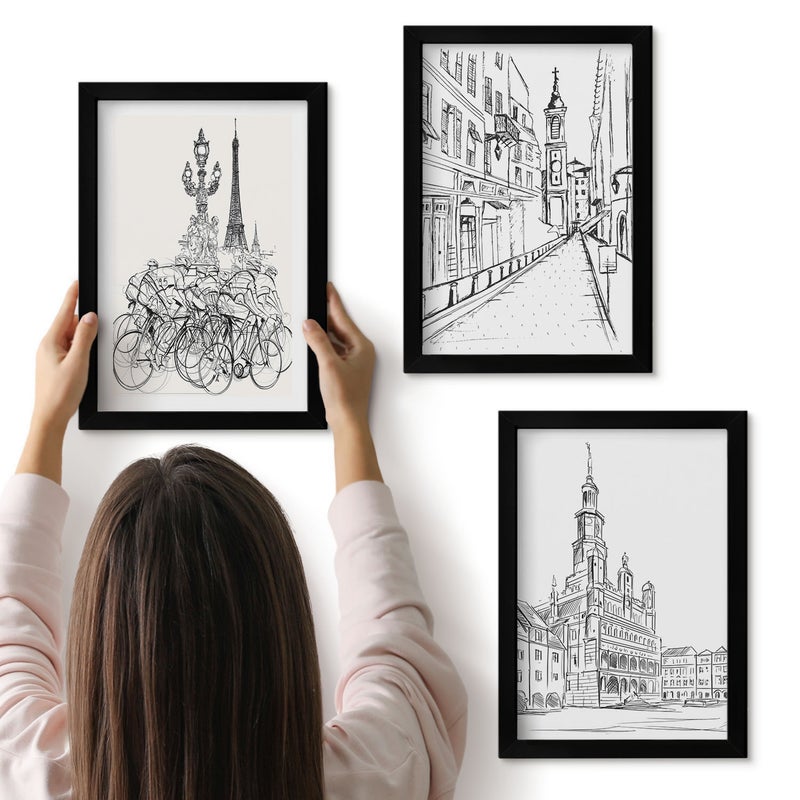 Galeria ścienna 3-częściowy komplet obrazów w czarnych ramach - Proste rysunki miejskich widoków - ArtPrintCave