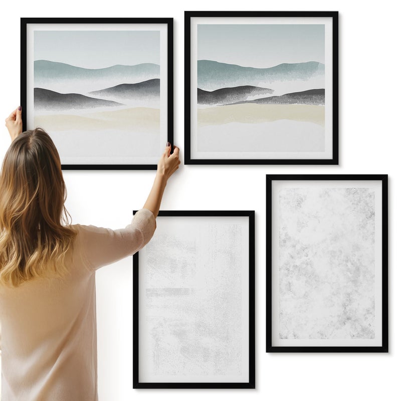 Galeria ścienna 4-częściowy komplet obrazów w czarnych ramach - Białe plamy na płótnie i abstrakcyjne widoki minimalistyczne tła - ArtPrintCave