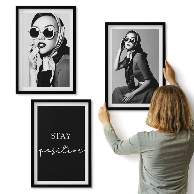 Galeria ścienna 3-częściowy komplet obrazów w czarnych ramach - Stylowe portrety kobiet w okularach przeciwsłonecznych - ArtPrintCave