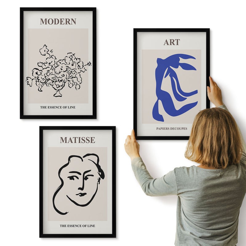 Galeria ścienna 3-częściowy komplet obrazów w czarnych ramach - Abstrakcyjne postery w minimalistycznym stylu Henri Matisse - ArtPrintCave