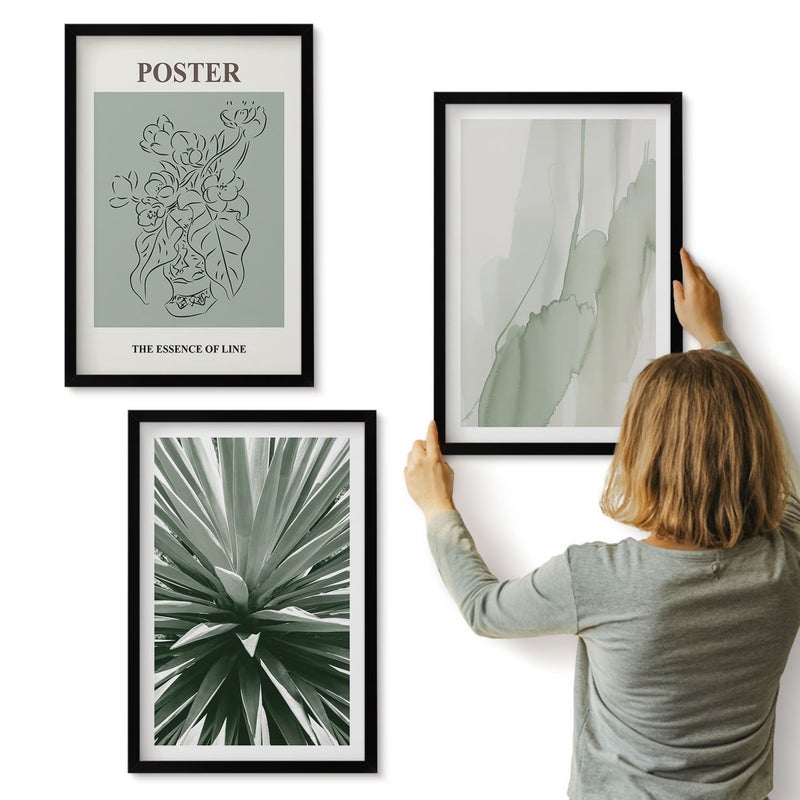 Galeria ścienna 3-częściowy komplet obrazów w czarnych ramach - Roślinne wzory w odcieniach zieleni i beżu - ArtPrintCave