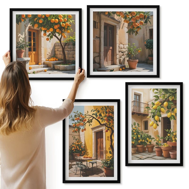 Galeria ścienna 4-częściowy komplet obrazów w czarnych ramach - Owoce cytrusowe w słonecznym dziedzińcu z roślinami - ArtPrintCave