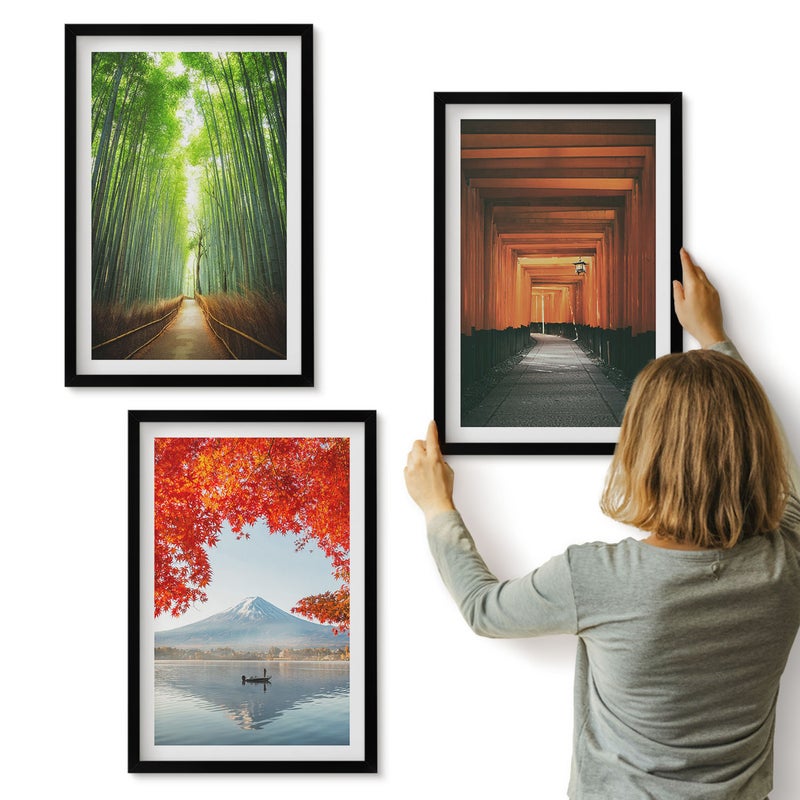 Galeria ścienna 3-częściowy komplet obrazów w czarnych ramach - Las bambusowy góra Fuji ścieżka torii krajobrazy Japonii - ArtPrintCave