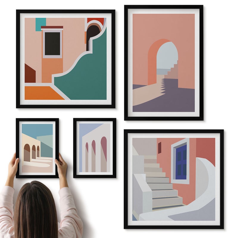 Galeria ścienna 5-częściowy komplet obrazów w czarnych ramach - Pastelowe minimalistyczne grafiki architektury miejskiej - ArtPrintCave