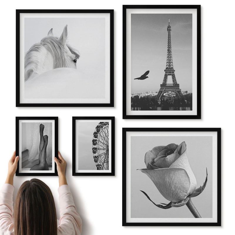 Galeria ścienna 5-częściowy komplet obrazów w czarnych ramach - Stylowe czarno-białe obrazy z Paryżem i elegancją - ArtPrintCave