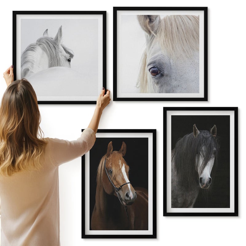 Galeria ścienna 4-częściowy komplet obrazów w czarnych ramach - Portrety koni w różnych odcieniach sierści - ArtPrintCave