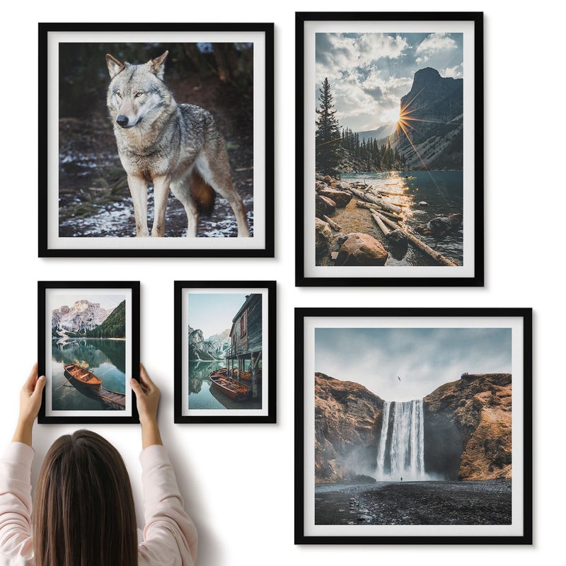 Galeria ścienna 5-częściowy komplet obrazów w czarnych ramach - Krajobrazy natury z dziką fauną i wodospadami - ArtPrintCave
