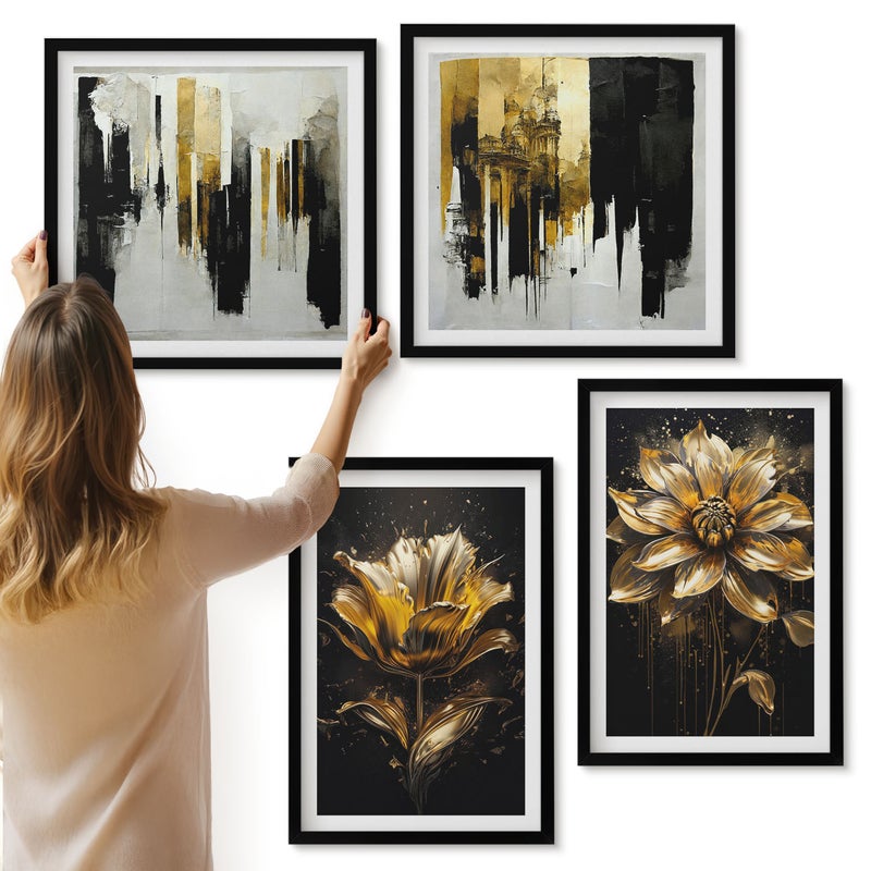 Galeria ścienna 4-częściowy komplet obrazów w czarnych ramach - Stylowe kwiaty abstrakcje nowoczesne - ArtPrintCave