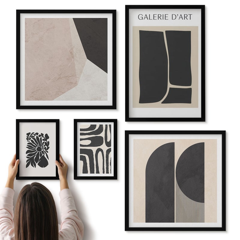 Galeria ścienna 5-częściowy komplet obrazów w czarnych ramach - Stylowe grafiki w odcieniach minimalistycznych form i wzorów - ArtPrintCave