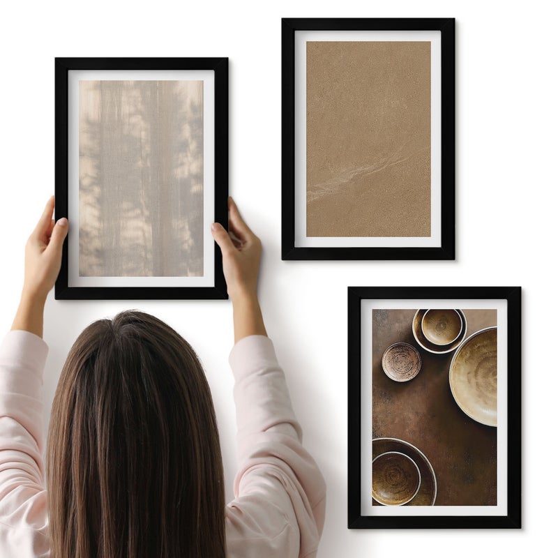 Galeria ścienna 3-częściowy komplet obrazów w czarnych ramach - Struktury i tekstury w minimalistycznym stylu - ArtPrintCave
