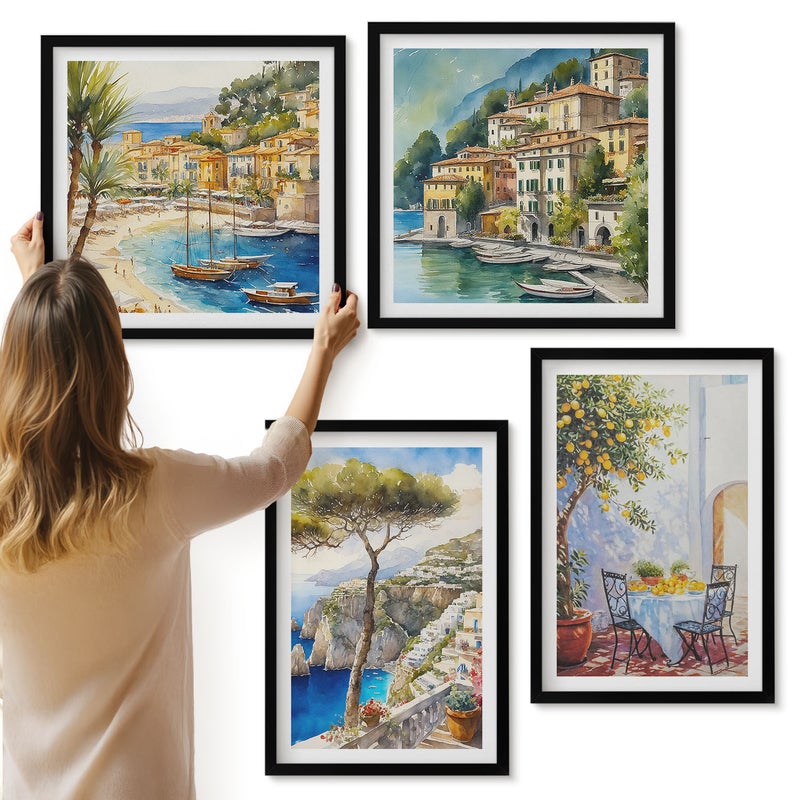Galeria ścienna 4-częściowy komplet obrazów w czarnych ramach - Włoskie nadmorskie miasteczka w stylu akwarelowym - ArtPrintCave