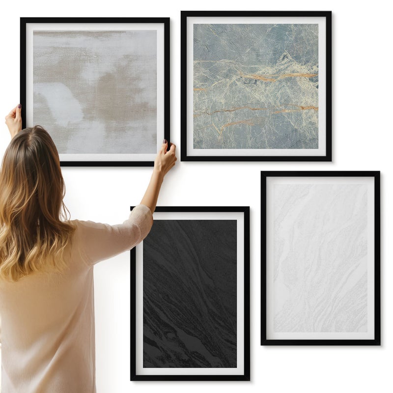 Galeria ścienna 4-częściowy komplet obrazów w czarnych ramach - Różne kolory eleganckich struktur kamiennych - ArtPrintCave
