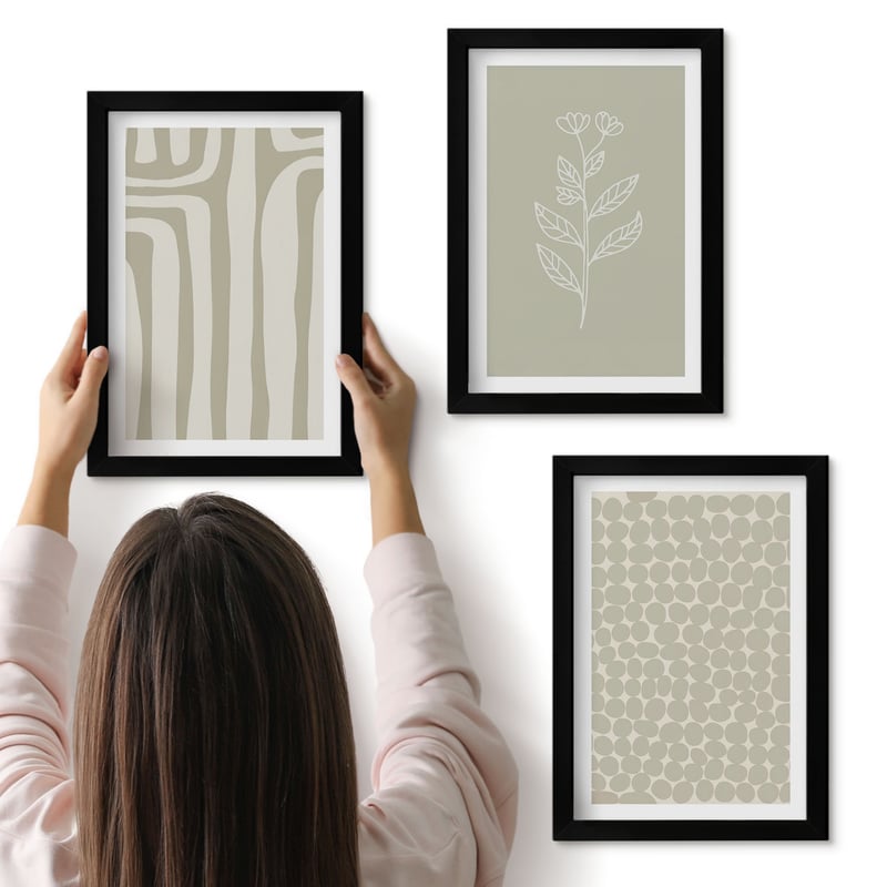 Galeria ścienna 3-częściowy komplet obrazów w czarnych ramach - Wzory roślinne i geometryczne w stonowanej kolorystyce - ArtPrintCave