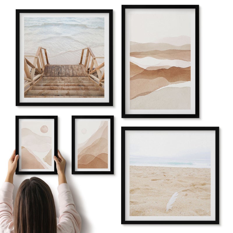 Galeria ścienna 5-częściowy komplet obrazów w czarnych ramach - Minimalistyczne krajobrazy plażowe i górskie w odcieniach natury - ArtPrintCave