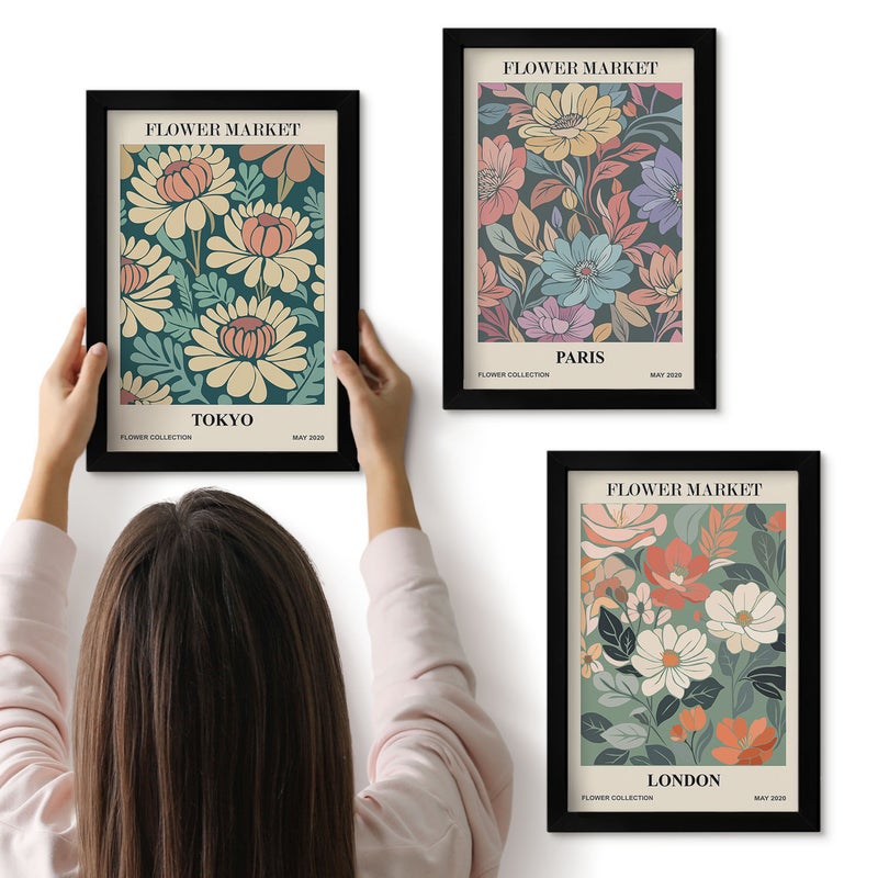 Galeria ścienna 3-częściowy komplet obrazów w czarnych ramach - Postery kwiatowe Tokio Paryż Londyn - ArtPrintCave