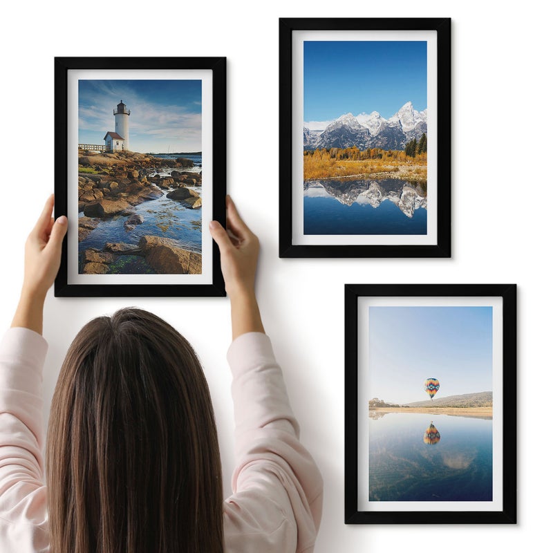 Galeria ścienna 3-częściowy komplet obrazów w czarnych ramach - Widoki natury z latarnią górami jeziorem i balonem - ArtPrintCave