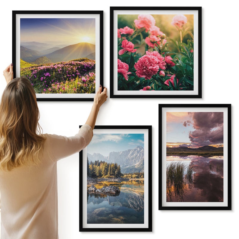Galeria ścienna 4-częściowy komplet obrazów w czarnych ramach - Kwiaty w ogrodzie górska łąka las i tafla wody - ArtPrintCave