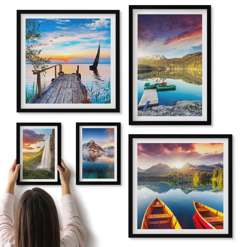 Galeria ścienna 5-częściowy komplet obrazów w czarnych ramach - Krajobrazy natury z wodospadami i jeziorami górskimi - ArtPrintCave