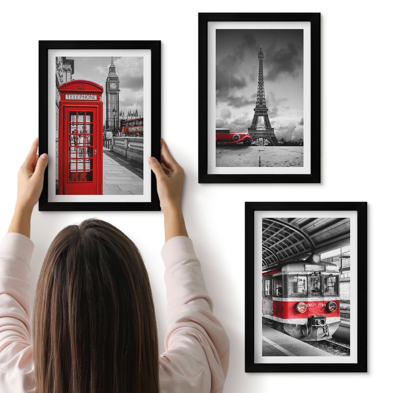 Galeria ścienna 3-częściowy komplet obrazów w czarnych ramach - Ikony miast Londyn Paryż i transport kolejowy - ArtPrintCave