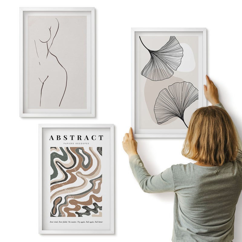 Galeria ścienna 3-częściowy komplet obrazów w białych ramach - Abstrakcyjny poster kobiece kształty liście styl boho - ArtPrintCave
