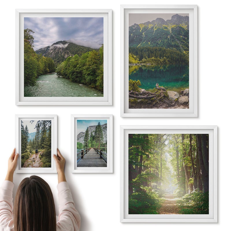 Galeria ścienna 5-częściowy komplet obrazów w białych ramach - Naturalne krajobrazy górskie i leśne ścieżki do wędrówek - ArtPrintCave