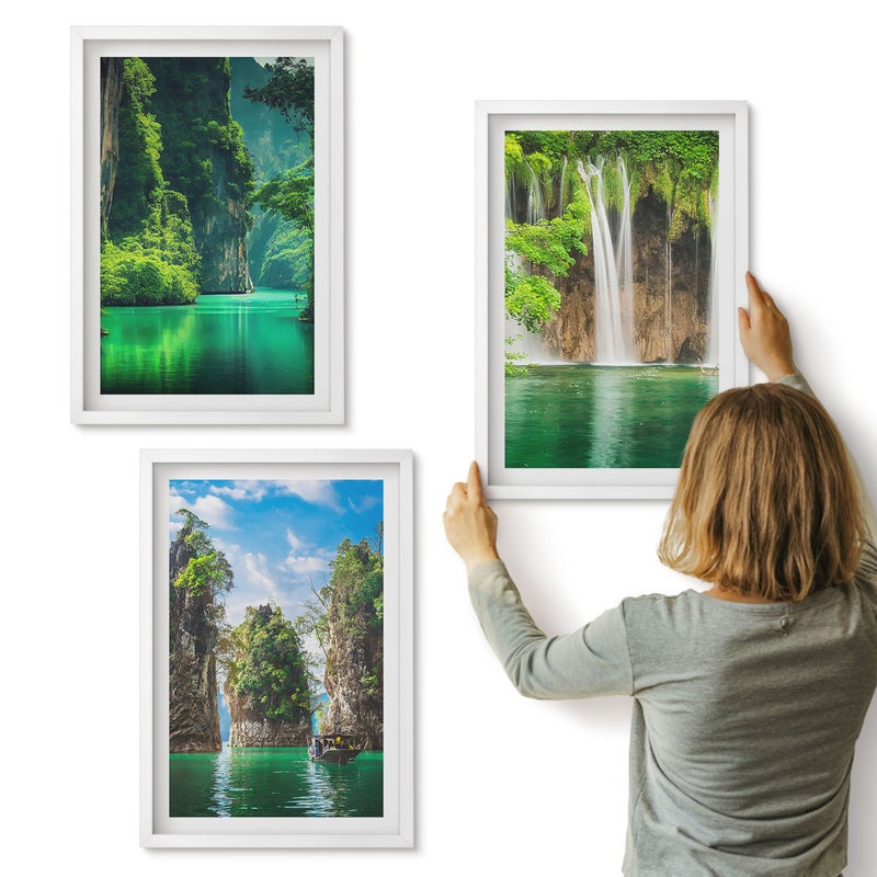 Galeria ścienna 3-częściowy komplet obrazów w białych ramach - Zielone krajobrazy z wodospadami i skałami - ArtPrintCave