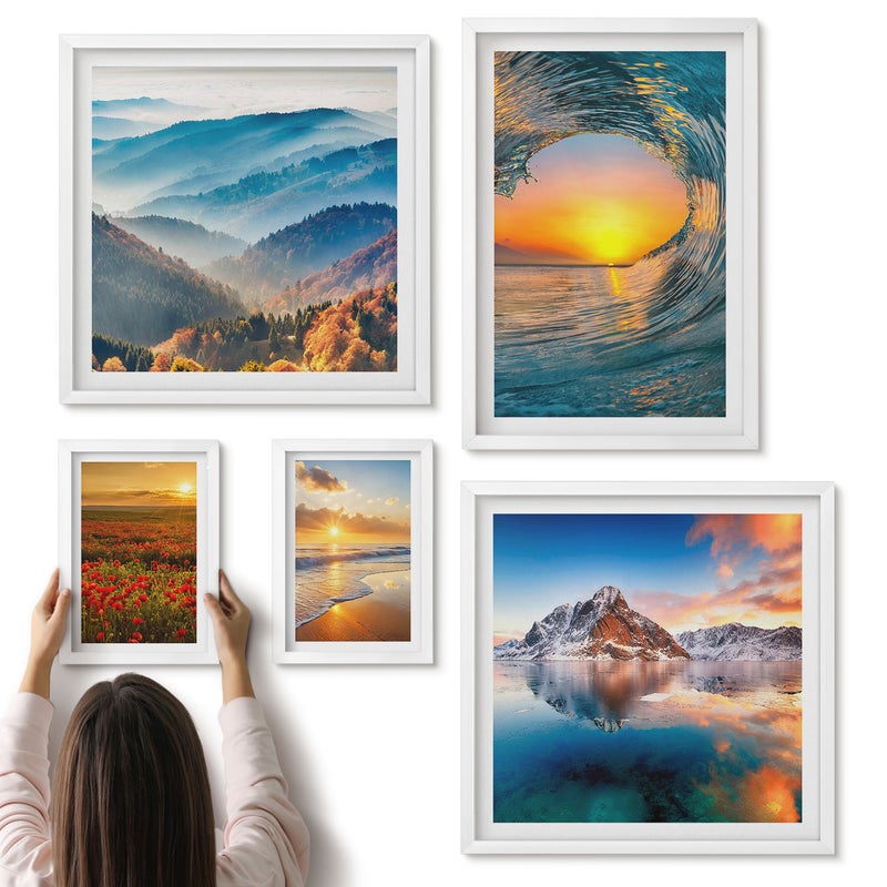 Galeria ścienna 5-częściowy komplet obrazów w białych ramach - Naturalne pejzaże z morzem górami i kwiatami - ArtPrintCave