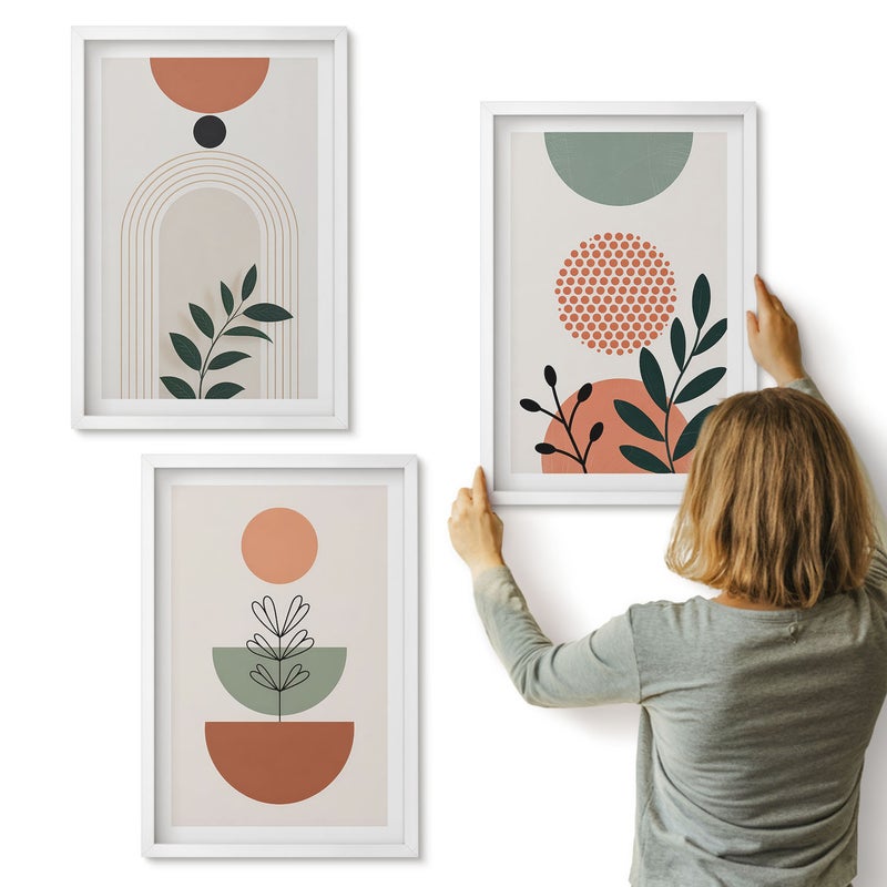 Galeria ścienna 3-częściowy komplet obrazów w białych ramach - Roślinne motywy w nowoczesnych kształtach i kolorach - ArtPrintCave