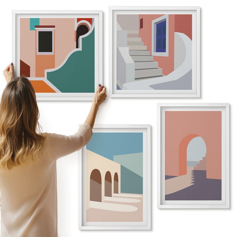 Galeria ścienna 4-częściowy komplet obrazów w białych ramach - Pastelowe minimalistyczne grafiki architektury miejskiej - ArtPrintCave