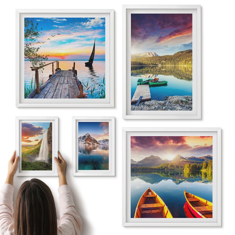 Galeria ścienna 5-częściowy komplet obrazów w białych ramach - Krajobrazy natury z wodospadami i jeziorami górskimi - ArtPrintCave