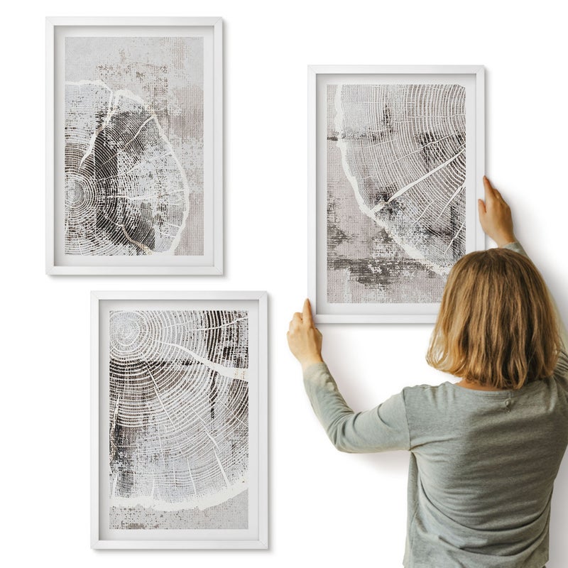 Galeria ścienna 3-częściowy komplet obrazów w białych ramach - Wzory słojów drewna w odcieniach szarości i bieli - ArtPrintCave