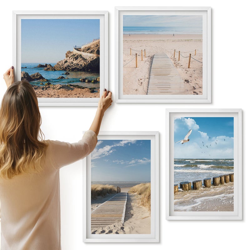 Galeria ścienna 4-częściowy komplet obrazów w białych ramach - Plaża z piaskiem fale niebo i ptaki w locie - ArtPrintCave